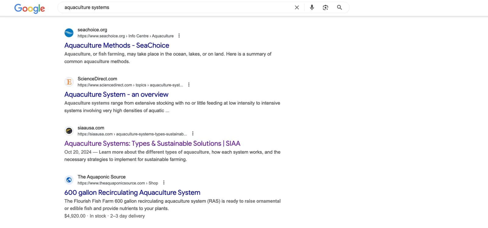 Google results for “aquaculture systems” showing siaausa.com ranking among national environmental organisations