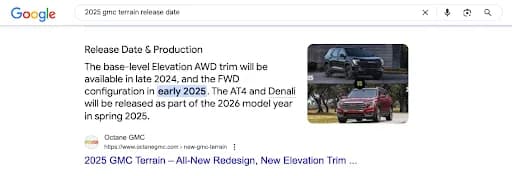 Google results for “2025 gmc terrain release date” showing a featured snippet drawn from Octane GMC’s page