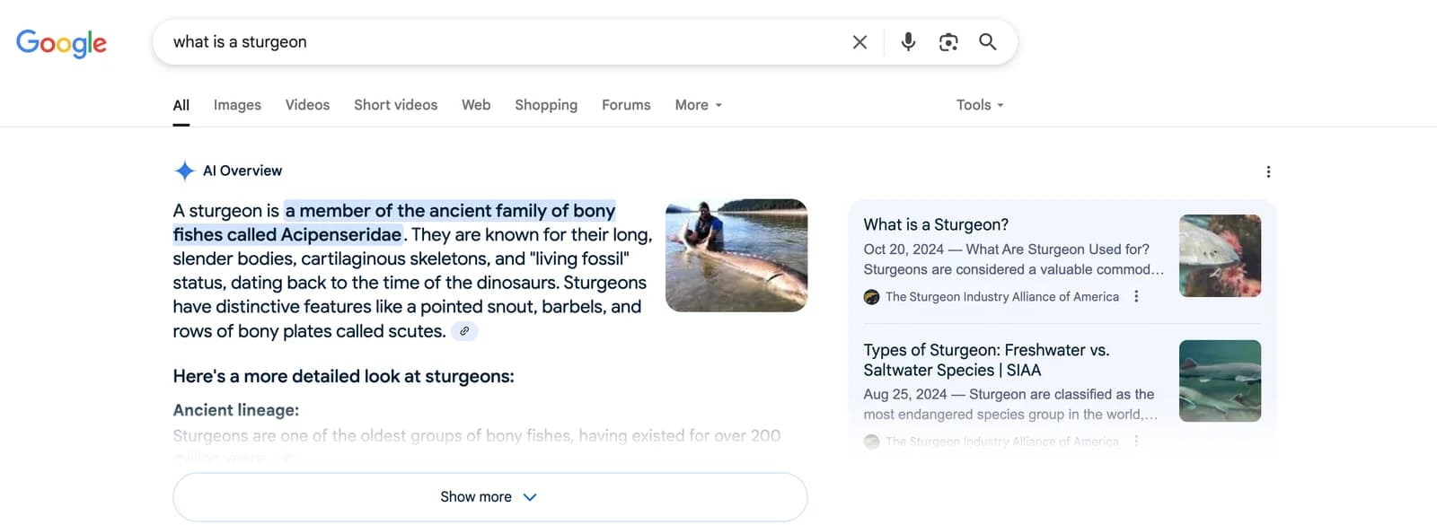Google results for “what is a sturgeon” with an AI Overview citing two Sturgeon Industry Alliance of America articles