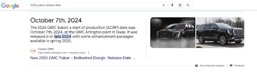 Google results for “2025 yukon release date” showing a featured snippet drawn from Octane GMC’s page