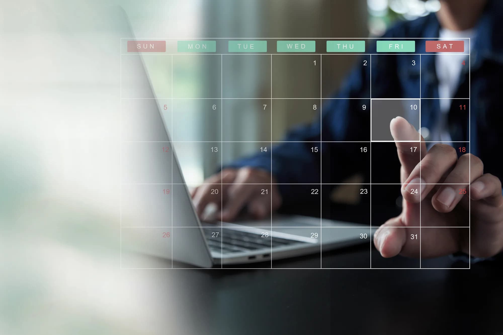 A person at a laptop with a calendar overlay, selecting a date