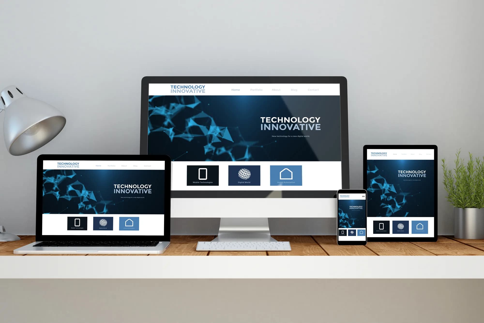 The same website shown on a desktop monitor, laptop, tablet and phone