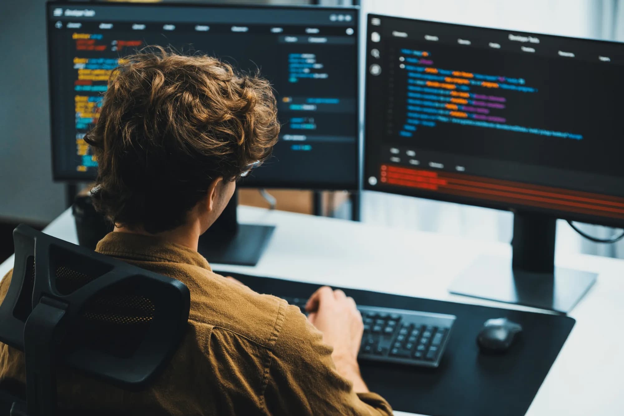 A developer working on website code across two monitors