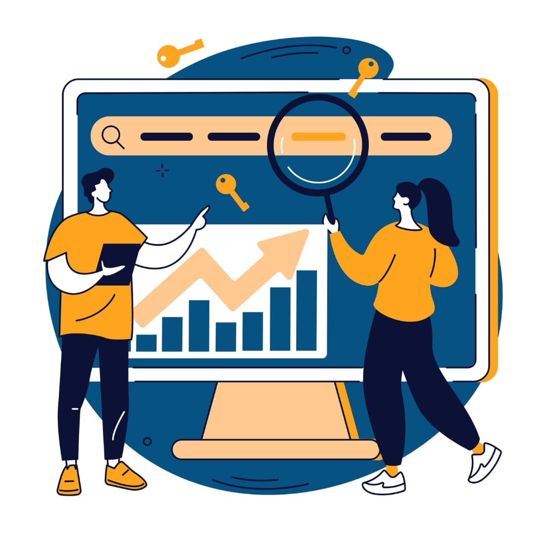 A graphic of two people analyzing their website's analytics on a desktop computer
