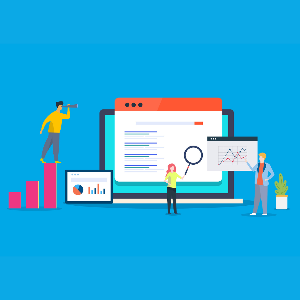 Illustrated graphic of cartoon characters analyzing keyword research data