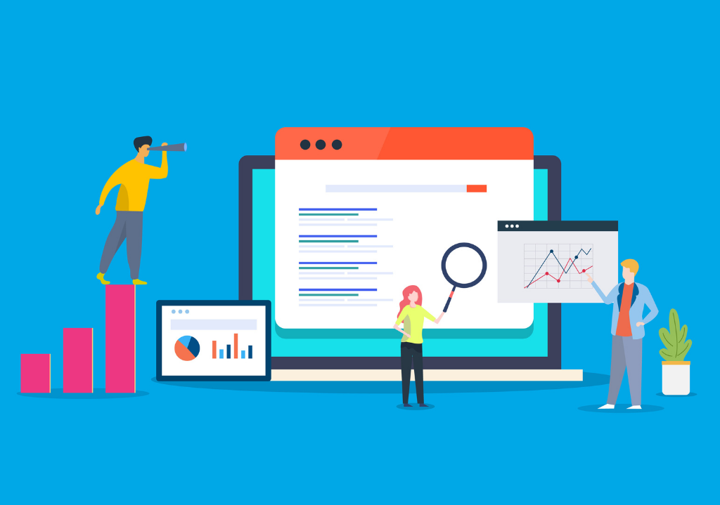 Illustrated graphic of cartoon characters analyzing keyword research data