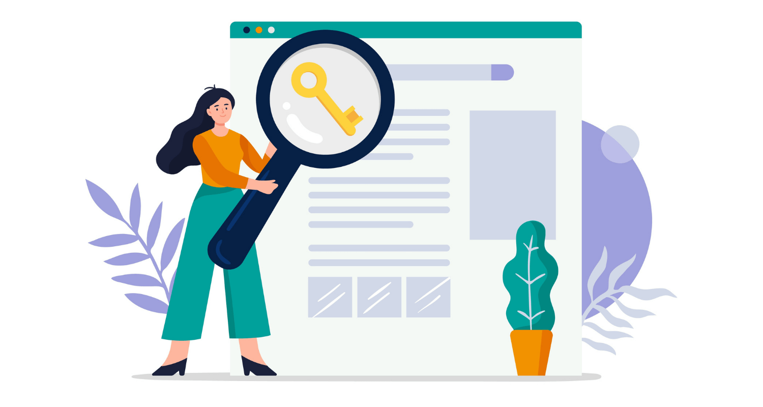 Illustration of a cartoon lady holding a magnifying glass analyzing keywords in on-page content