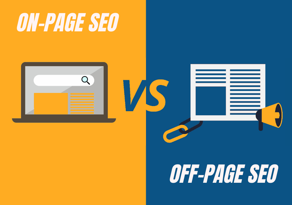 Image with two colored sides showing on-page seo graphic on one side versus an off-page seo graphic on the other side