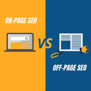 Image with two colored sides showing on-page seo graphic on one side versus an off-page seo graphic on the other side