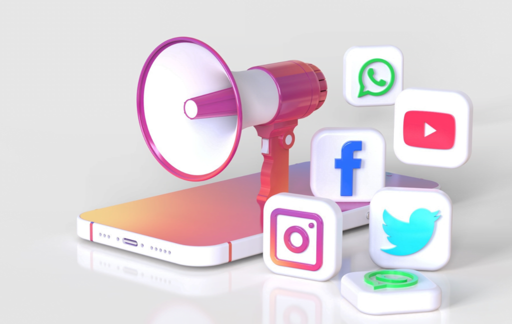 Bright graphic with a megaphone on top of a cell phone with social media icons