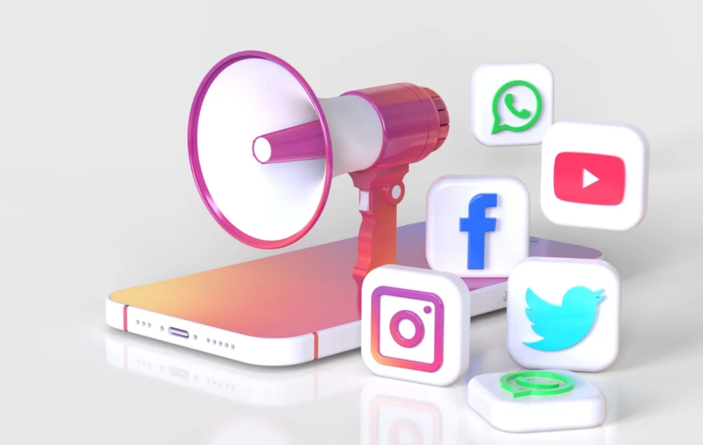 Bright graphic with a megaphone on top of a cell phone with social media icons