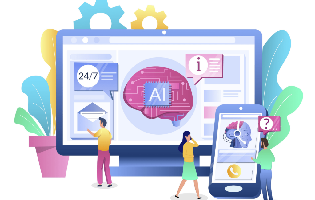 Colorful illustration of a computer and phone with people and AI graphic