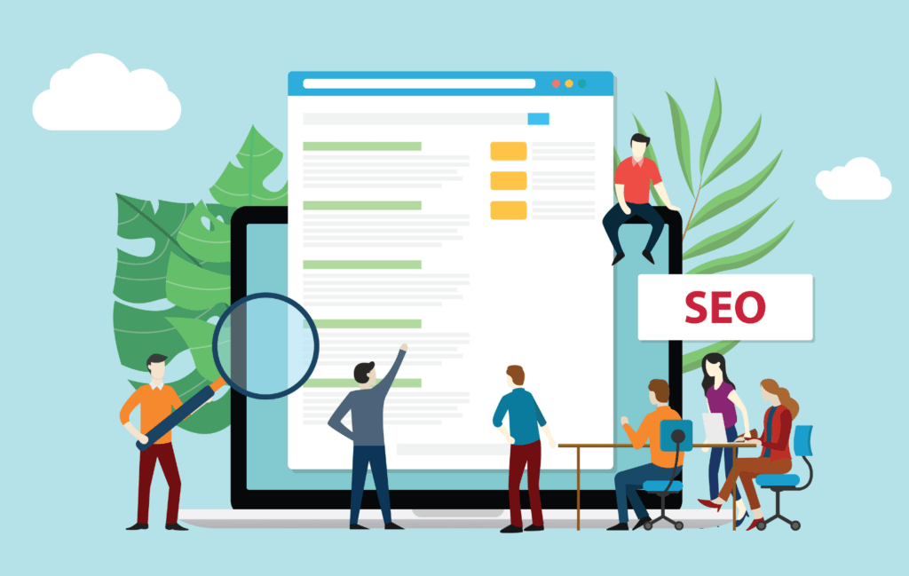 Illustration with multiple male & female figures who are standing in front of a large webpage with a SEO label