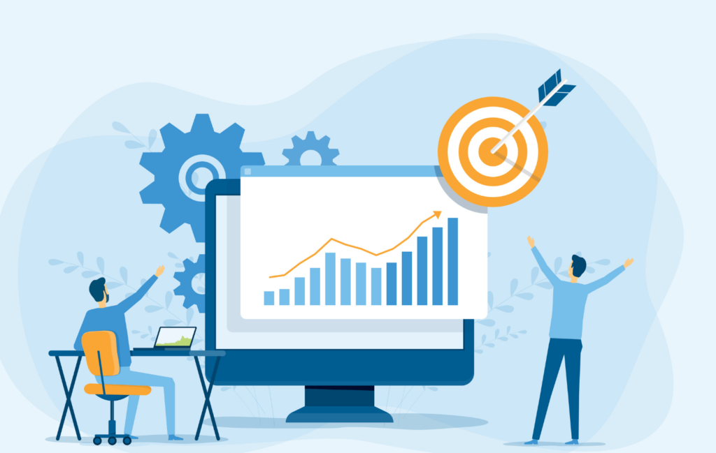 Mostly blue illustration with two figures looking at a target and chart