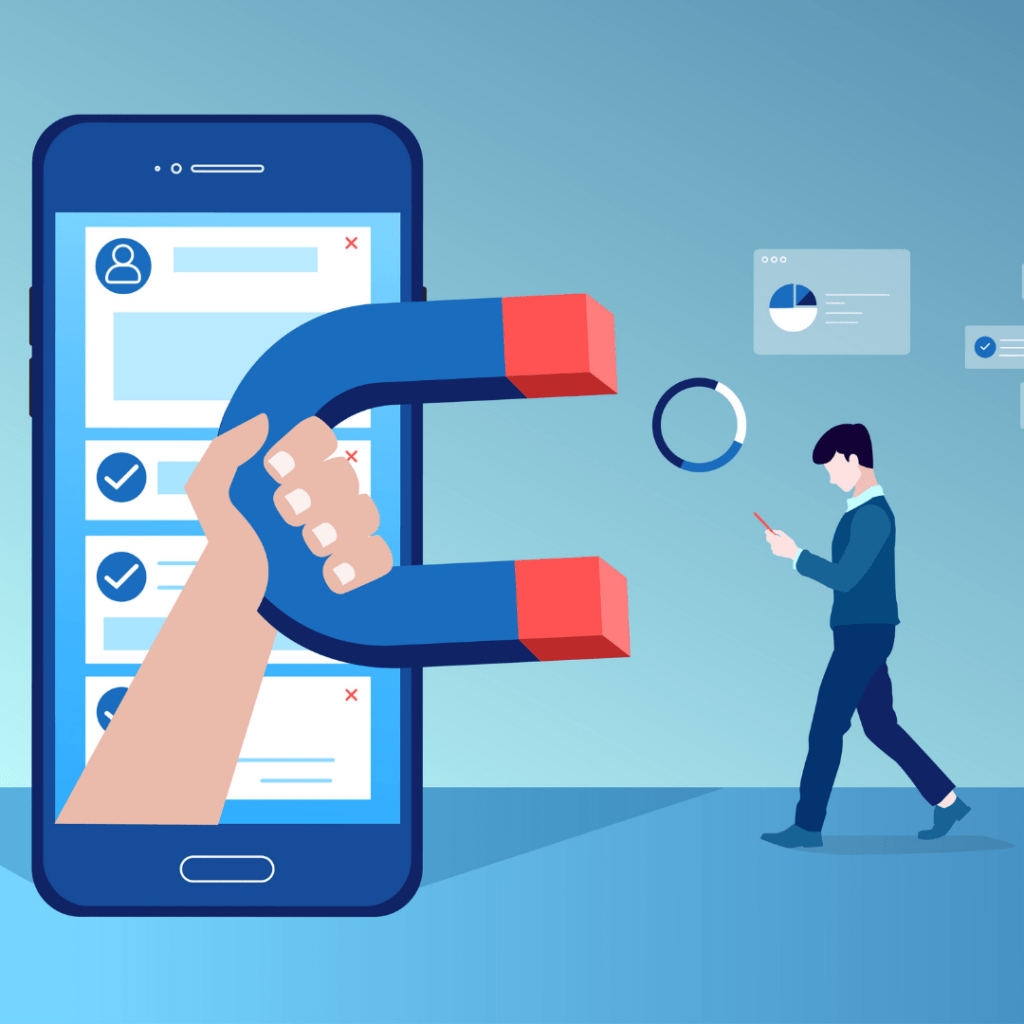 Illustration with a large phone and hand holding a magnet that is attracting a person who is using their phone for social media purposes