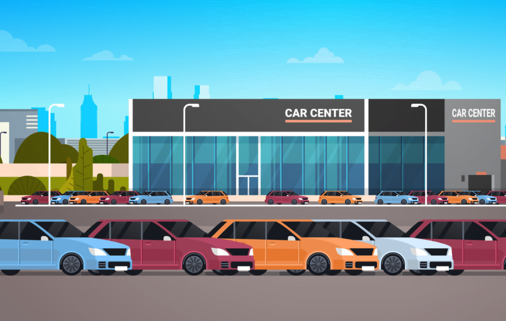 Illustration of a car dealership with multi-colored cars in front of the building in the parking lot