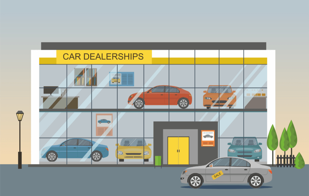Illustrated image of a gray car with a "sale" sign on it. Behind the gray car is a glass building labeled "Car Dealership" with multiple vehicles inside