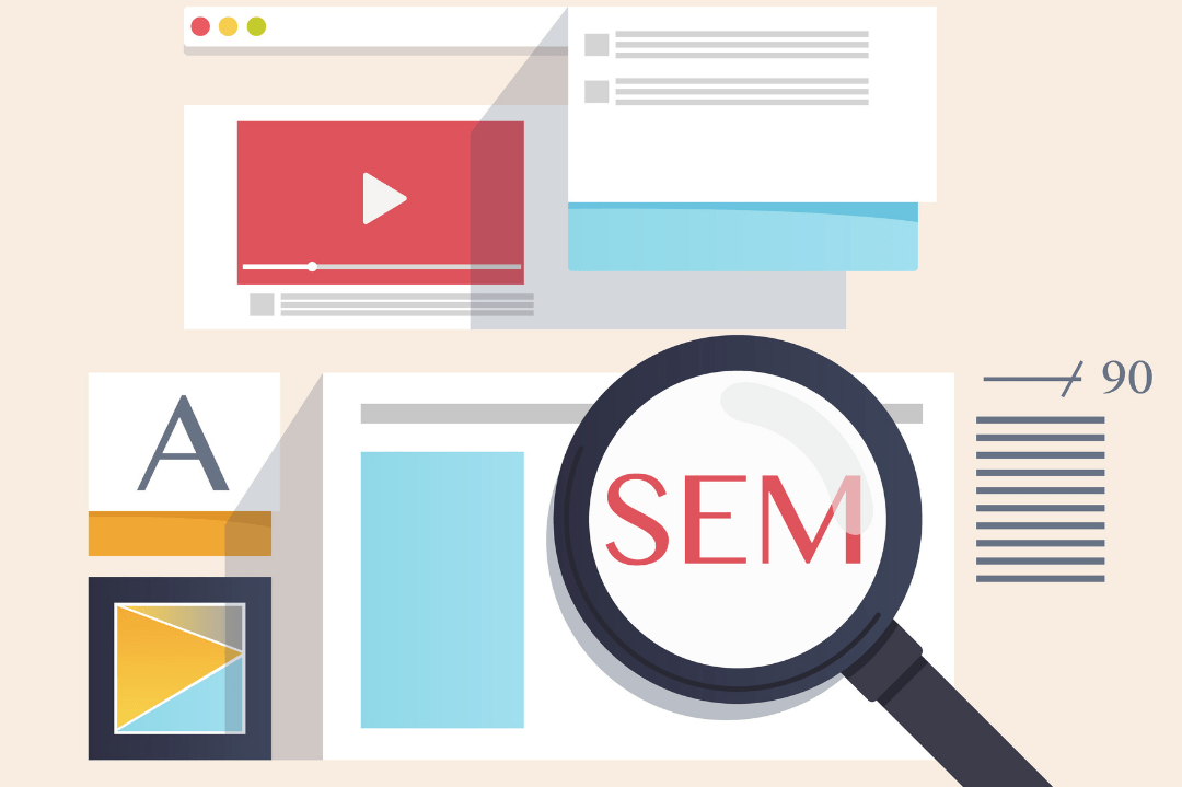 Illustration of a magnifying glass above "SEM" and other pages and webpages related to SEM