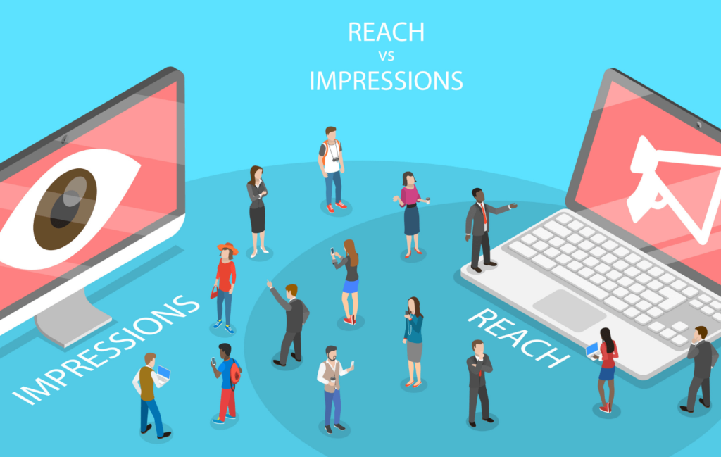 Illustration with two different screens. One labeled "Reach" and the other "Impressions". People surround these two screens