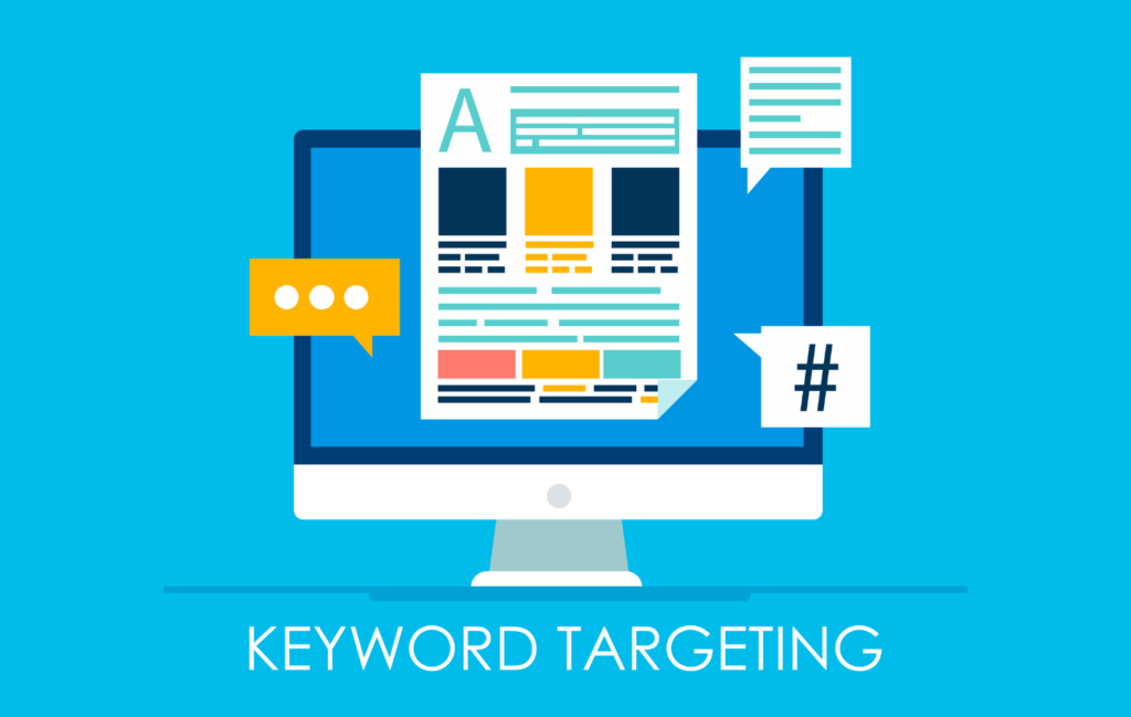 Blue illustration with a desktop computer with a generic lined-page with "Keyword Targeting" underneath
