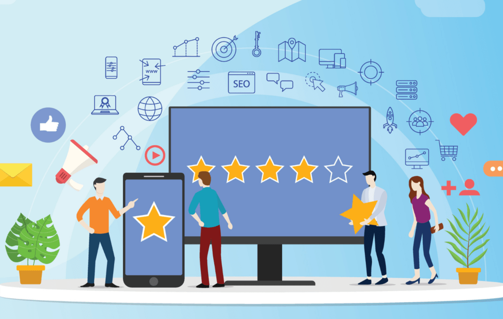 Illustration with people looking at a phone and PC screen with "stars" insinuating reviews