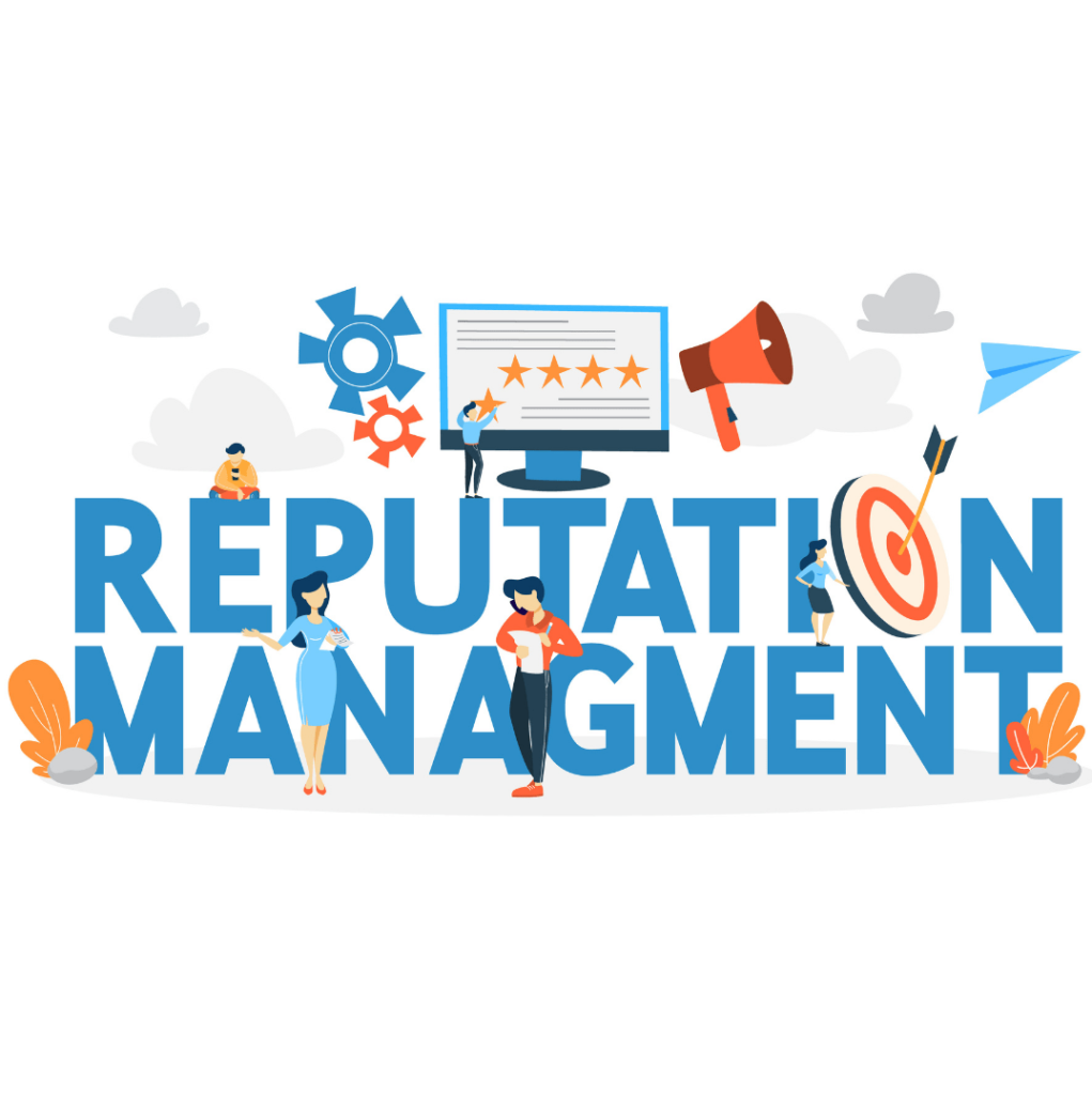 Illustration with the words "Reputation Management" in blue with people standing around it