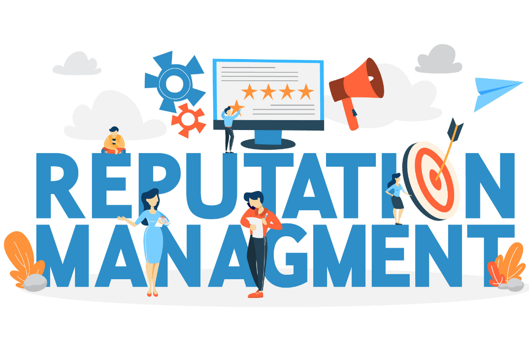 Illustration with the words "Reputation Management" in blue with people standing around it