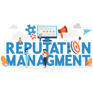 Illustration with the words "Reputation Management" in blue with people standing around it