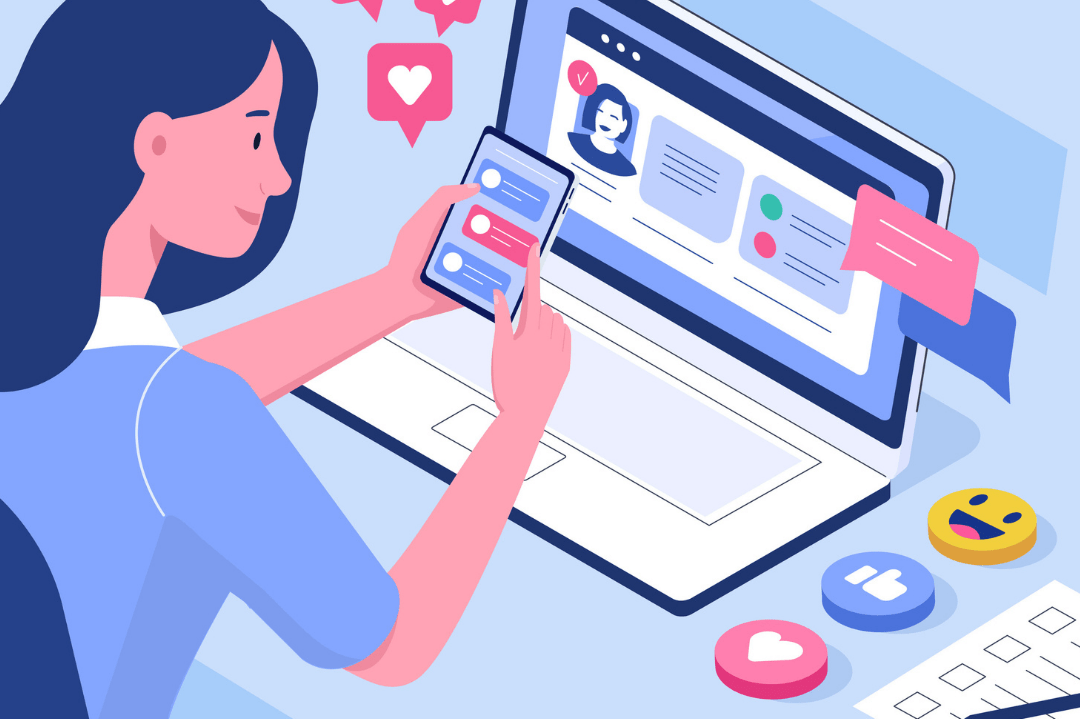 Illustration with a woman scrolling through her phone while a social profile is on her laptop