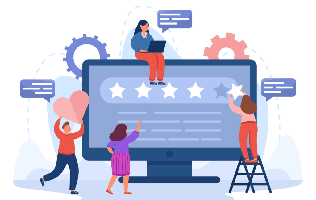 Illustration with multiple people around a computer screen adding hearts and stars to a review