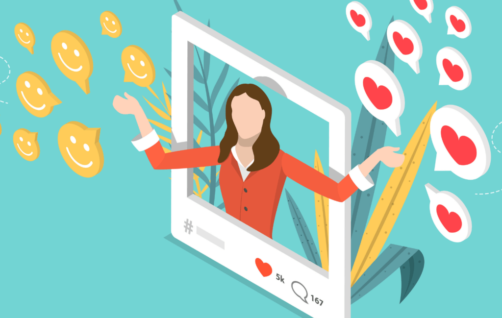Illustration with a woman surrounded by "likes" and smile emojis