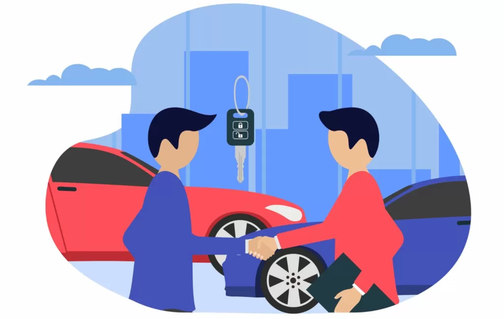 Illustration of two men shaking hands after one sells the other a car