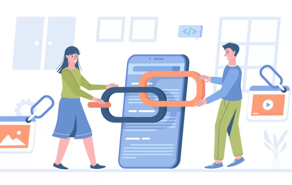 Illustration of two people "link building" in front of a phone screen