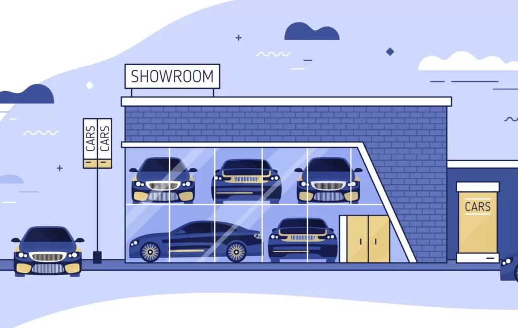 Illustrated image of a dealership displaying vehicle inventory