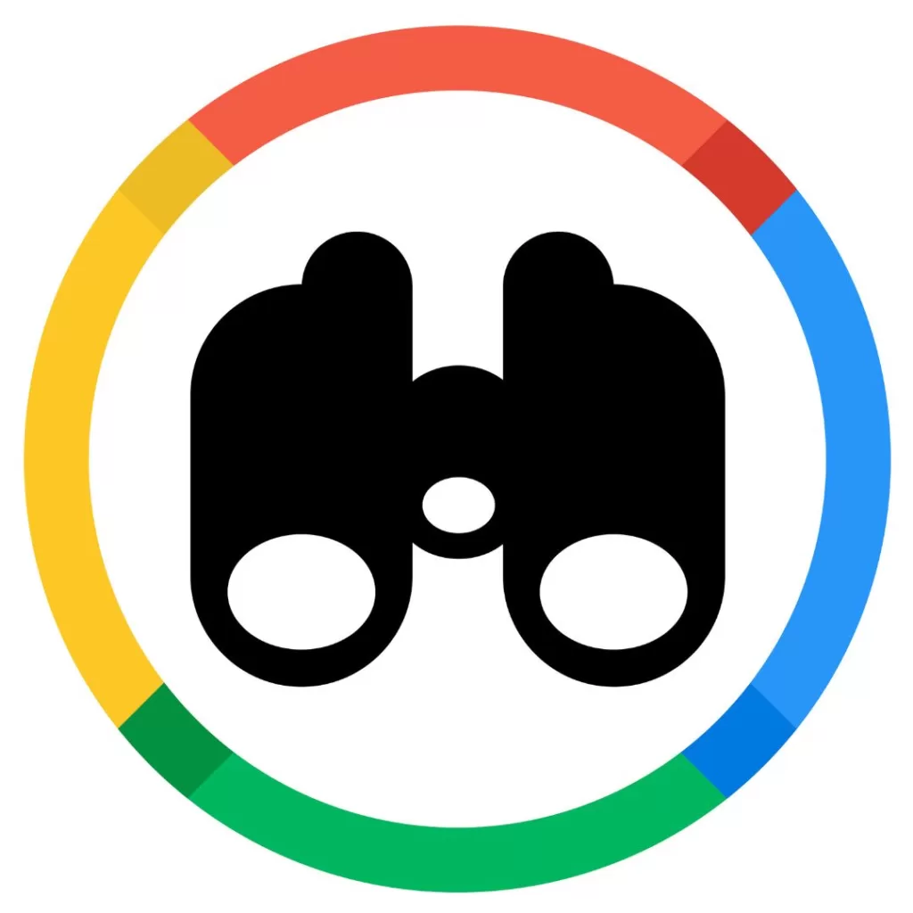 Illustration of a circle with the Google logo colors and a pair of binoculars in the center