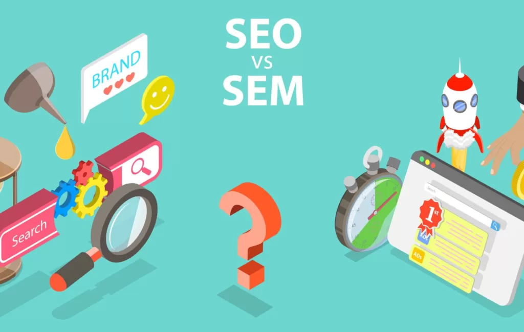 Illustration with SEO features and SEM features on separate sides