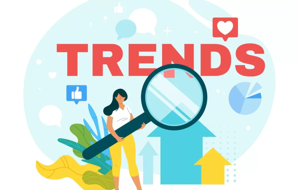 Illustration of a woman holding a magnifying glass over the large text "trends"