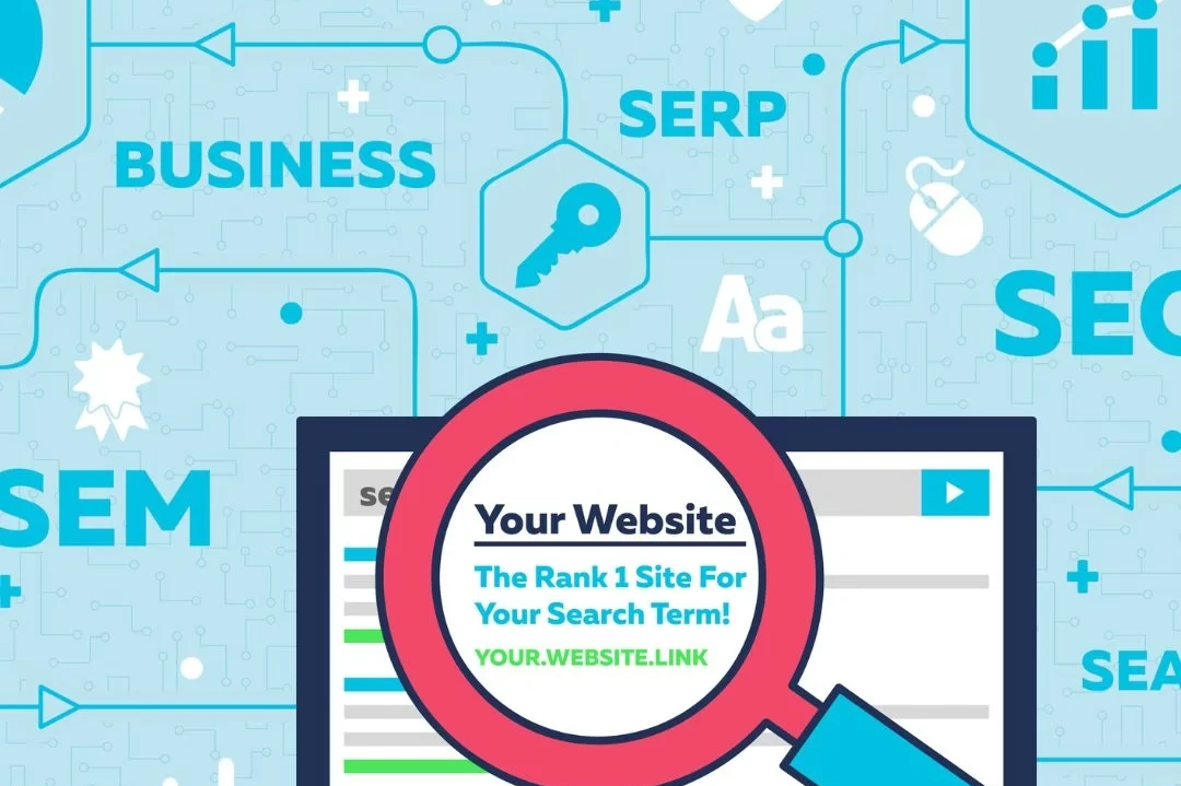 Illustration with a laptop and "your Website: The rank 1 site for your search term" text on top, with a magnifying glass over the laptop