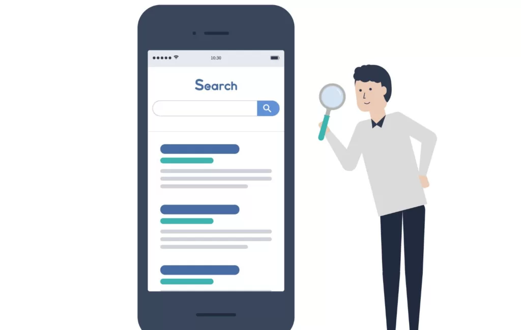 Illustration with a man looking at a phone with the text "search" and a search bar beneath it