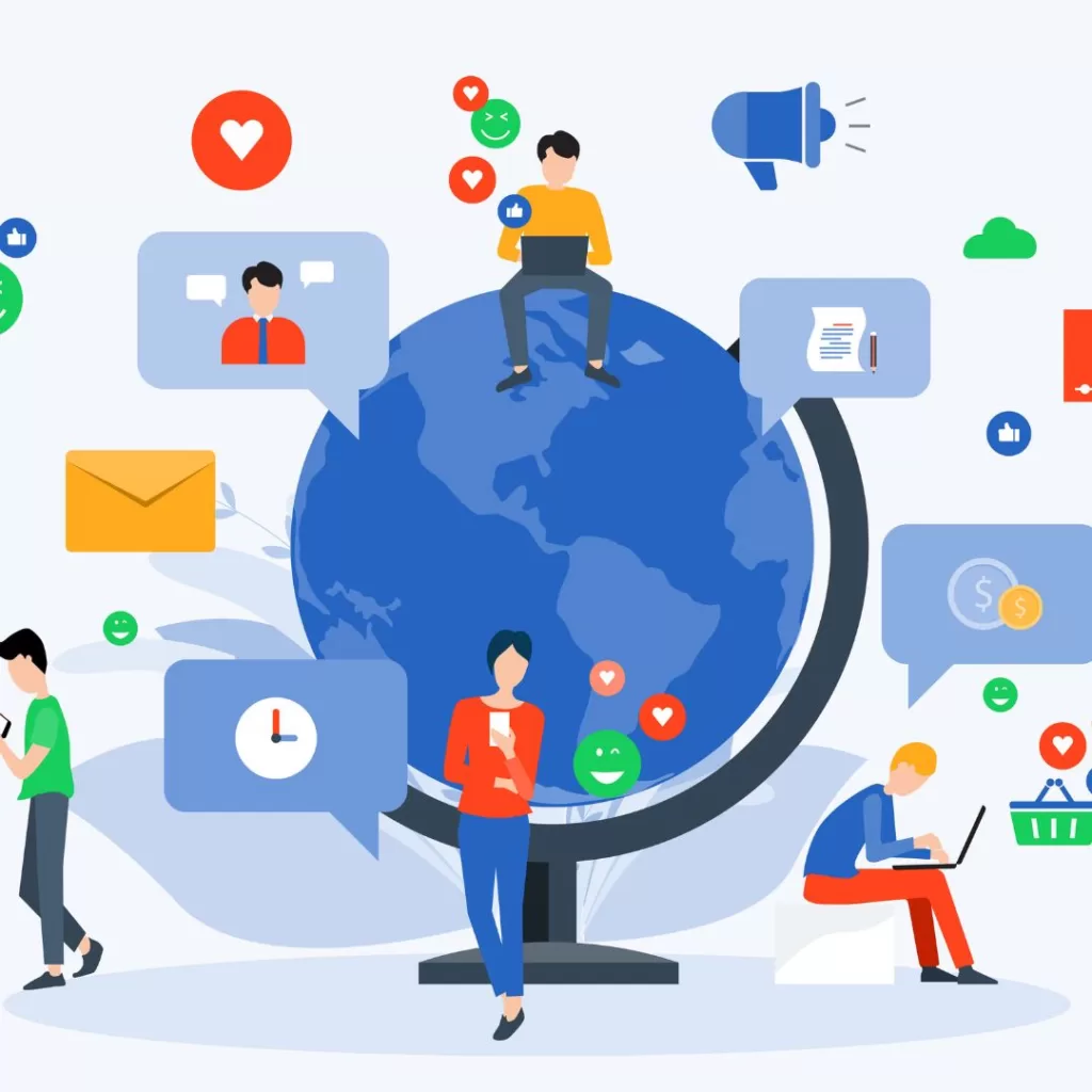 Illustration with various people sitting around a globe interacting with marketing and social media platforms