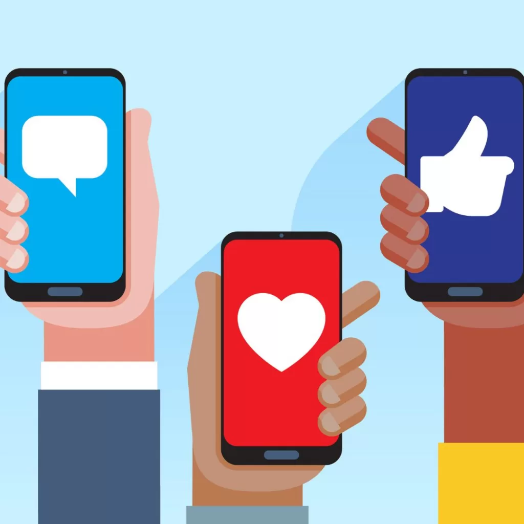 Illustration of three hands holding phones, each with their own social media icon