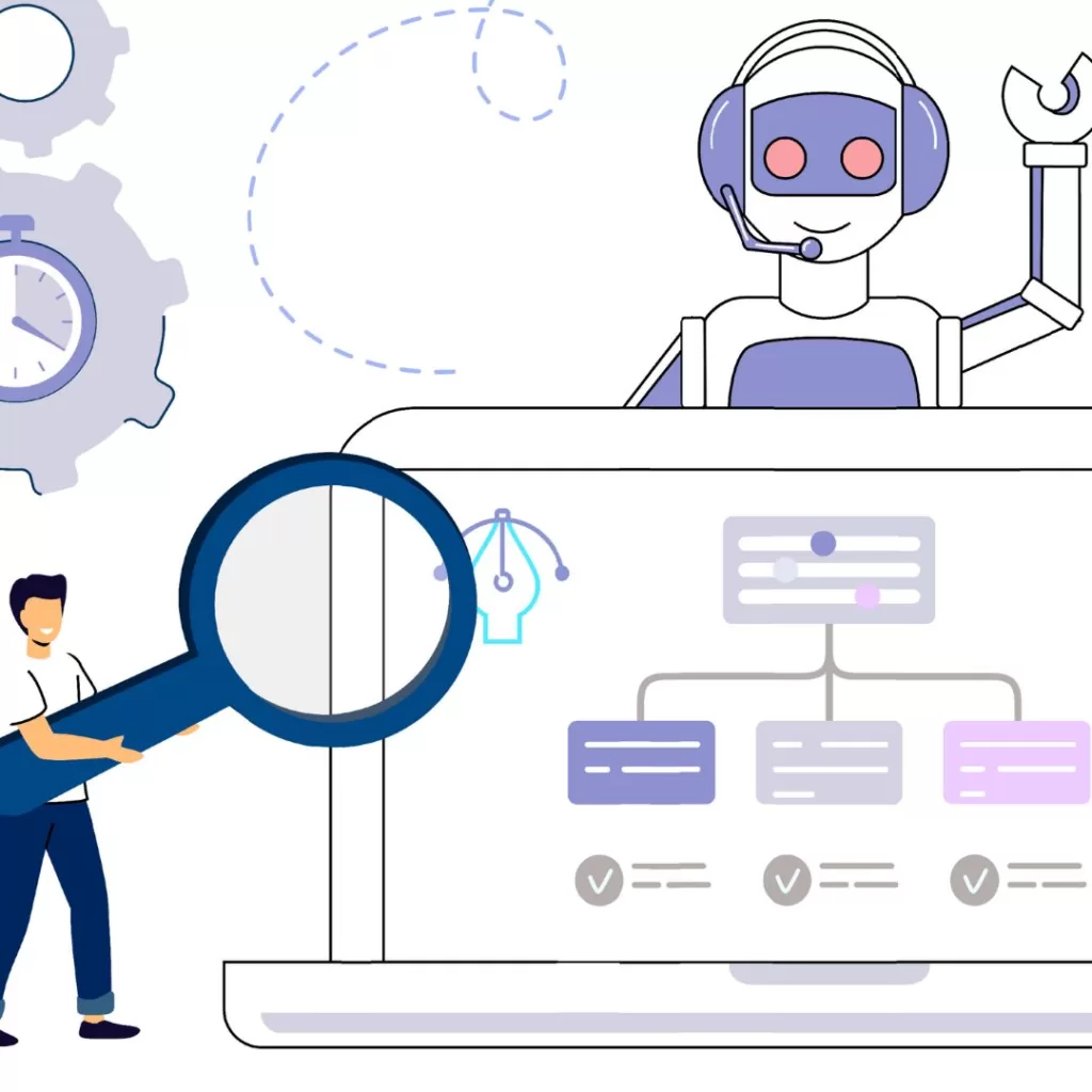 Illustration of a man in front of a laptop with a sitemap and a robot assistant above him