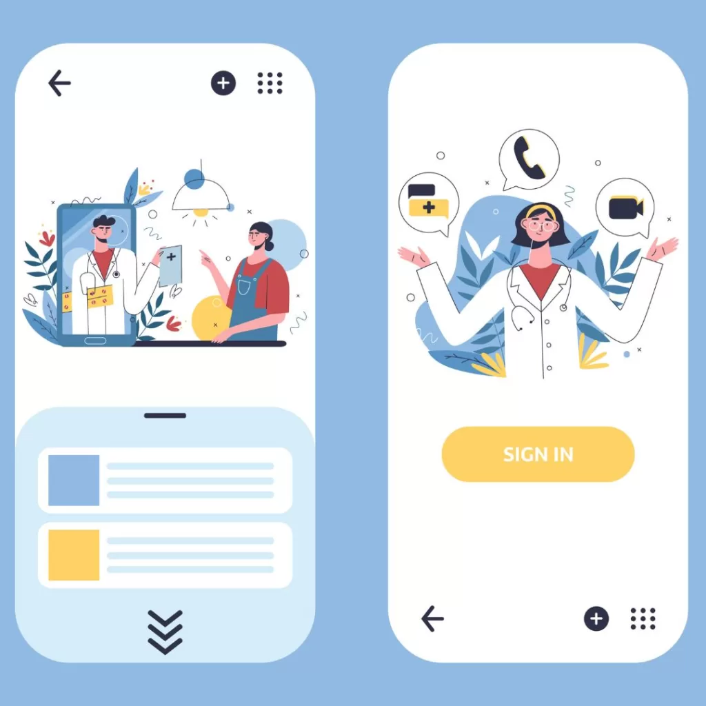 Illustration of two phones with an illustrated doctor and patient on the screen, displaying different actions related to UX