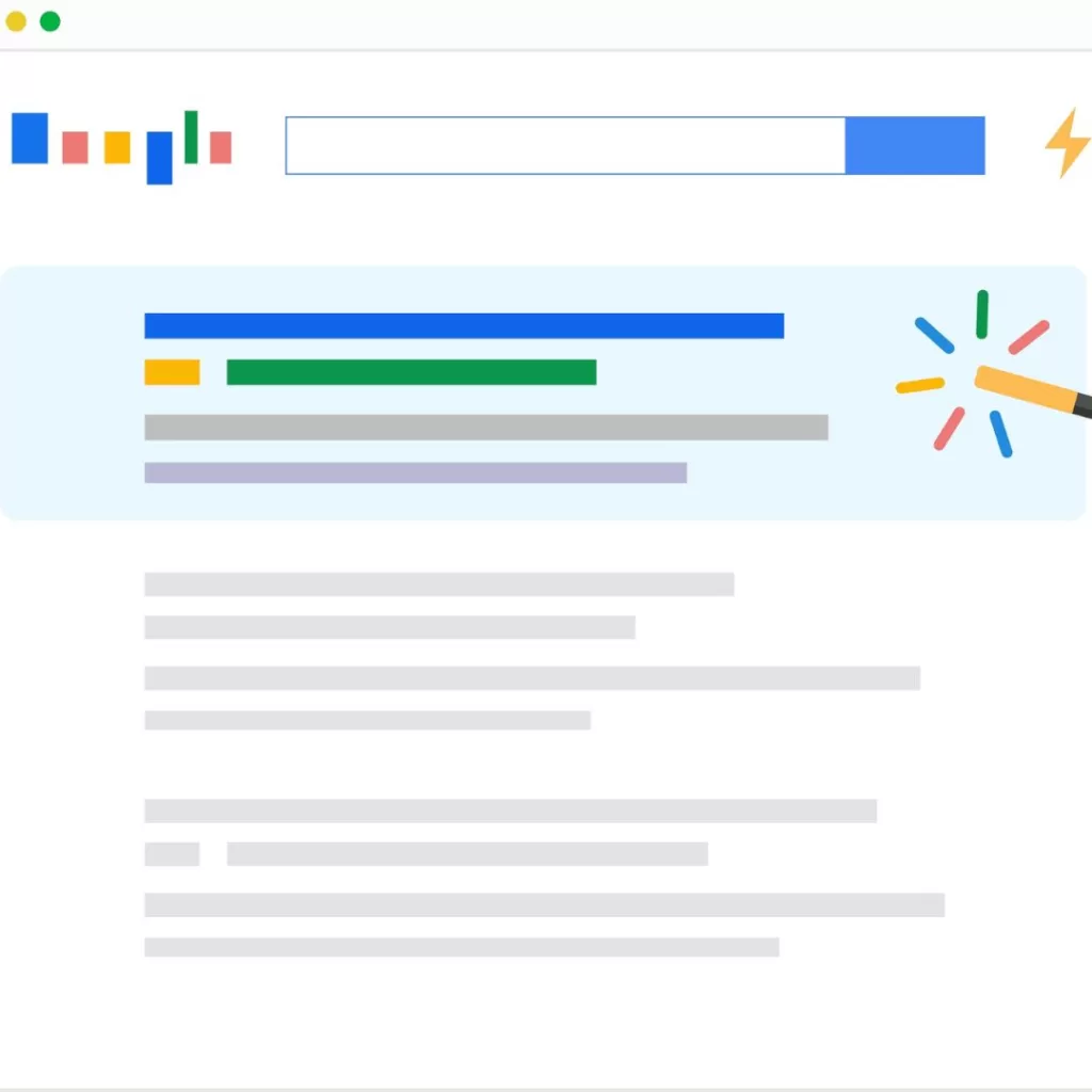 Illustration of a google search results page with a wand highlighting a first page, first result search