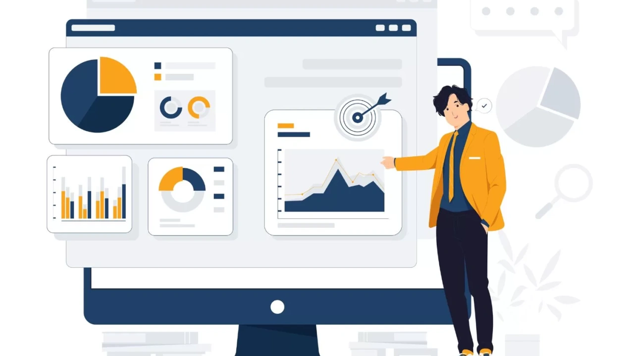 Blue and yellow illustration of a man standing next to a computer with an analysis on it