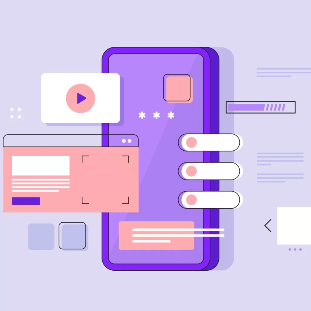 A Purple Illustration of a phone with a web design layout example