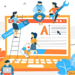 Illustration of many people around a laptop screen with different icons representing building a website