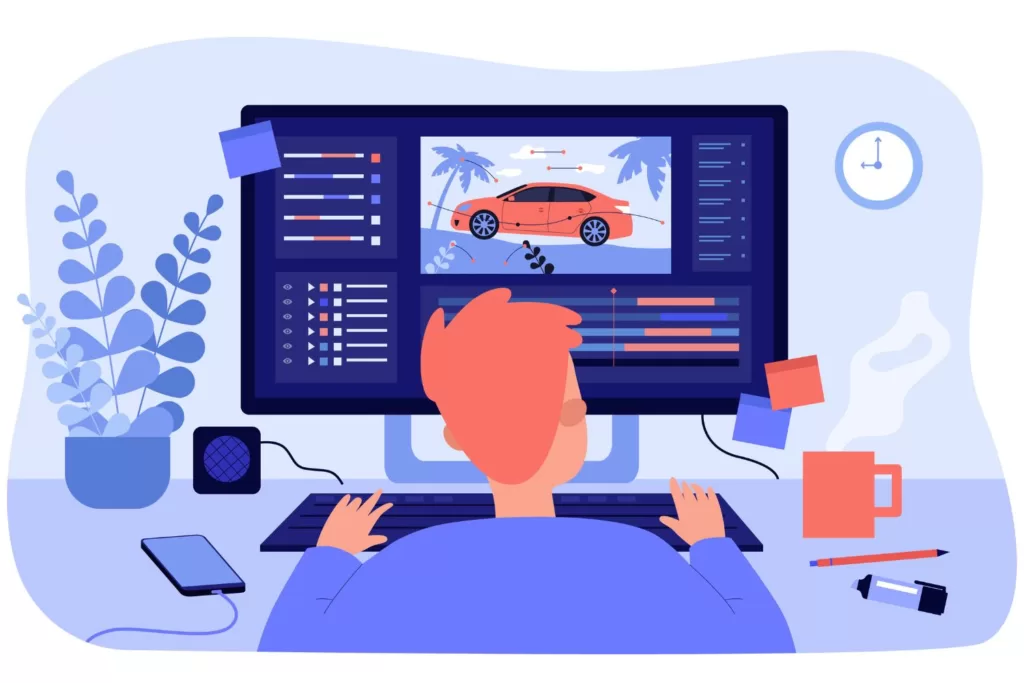 Illustration of a person sitting at a desk looking at a website with a car on it