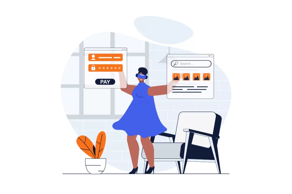 A graphic of a woman using VR to shop for products online