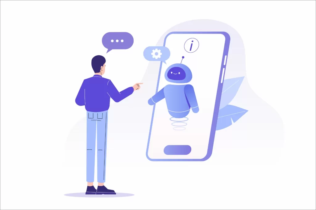 A graphic of a man messaging a customer service chatbot for more information